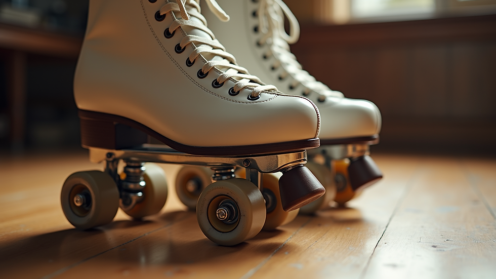 Close-up view of a pair of classic roller skates on a wooden floor