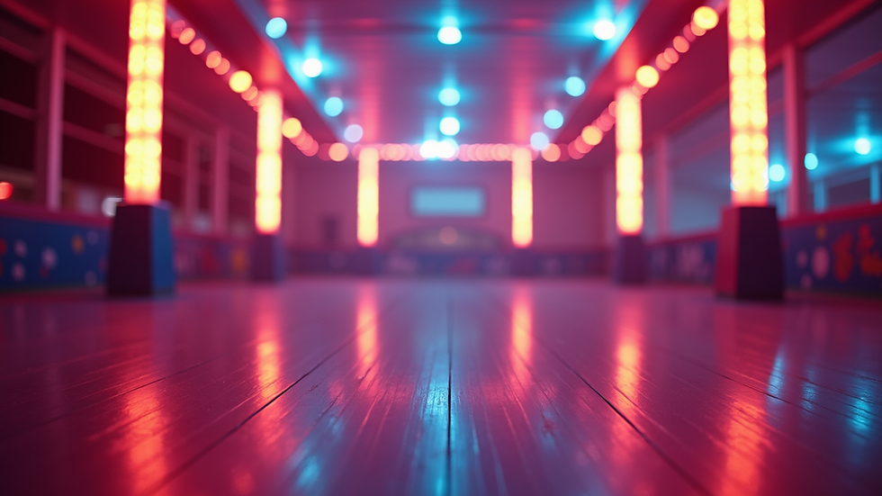 Eye-level view of roller disco rink with colourful lights