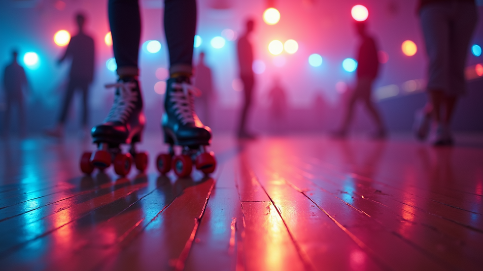 Eye-level view of roller disco rink with colourful lights and smooth wooden floor