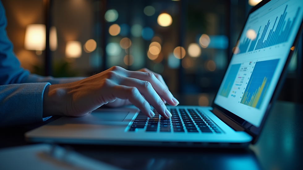 Eye-level view of a business professional analyzing data on a laptop