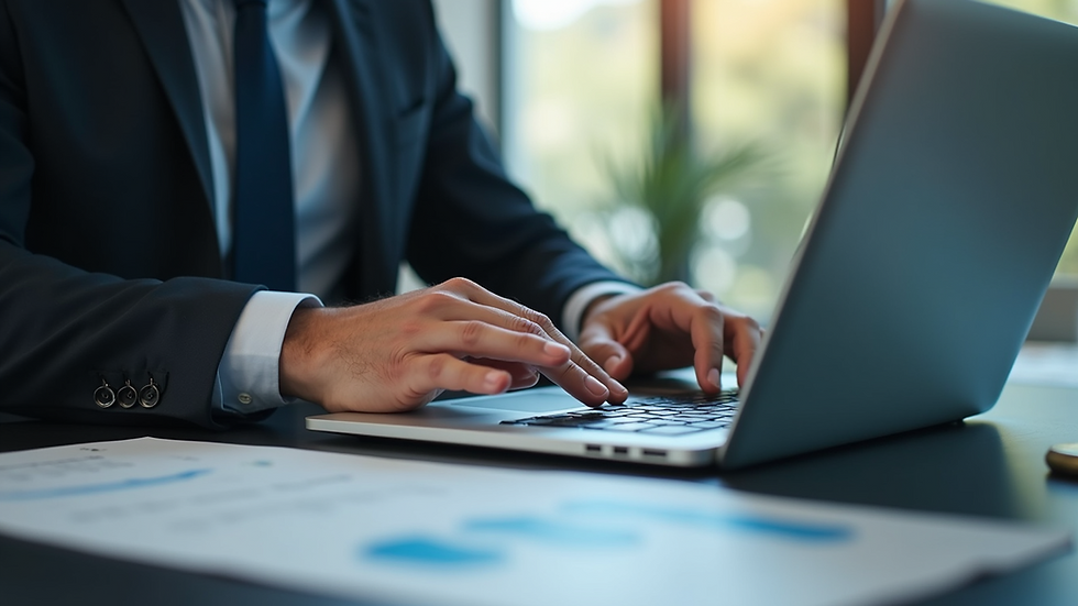 Eye-level view of a business professional analyzing vendor data on a laptop