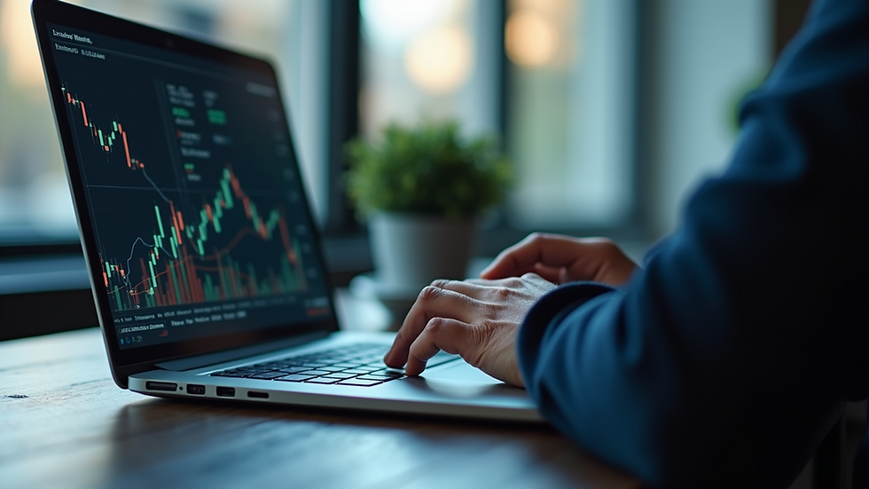 Close-up view of a financial analyst using AI software on a laptop