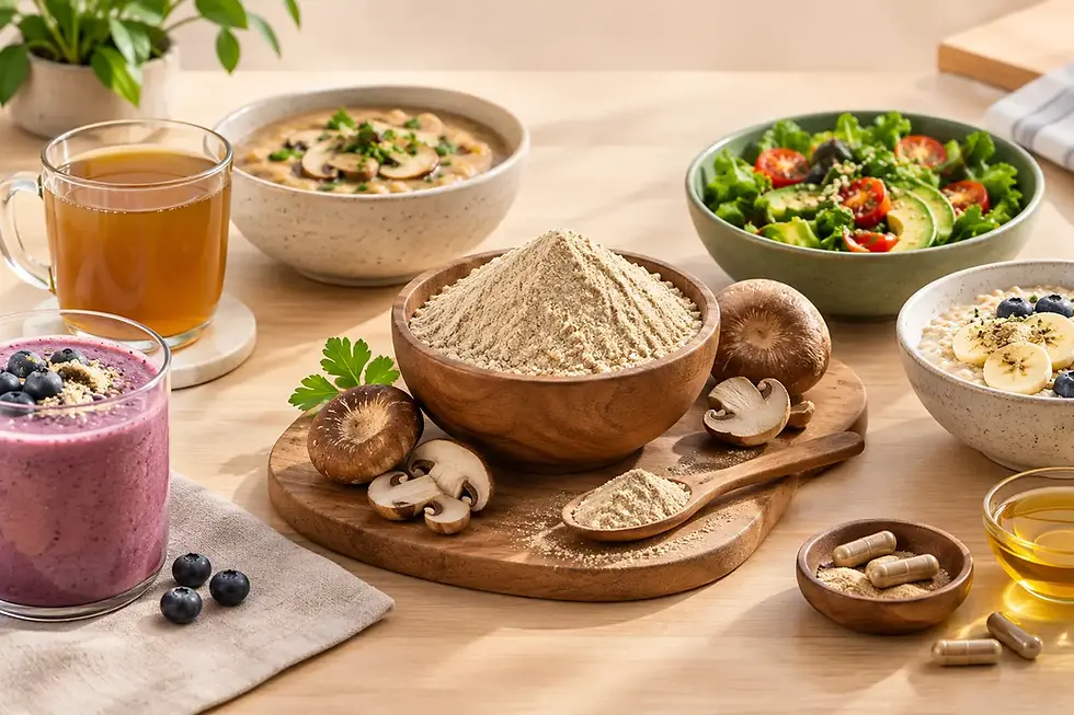 Mushroom powder in a wooden bowl surrounded by fresh mushrooms, with a smoothie, tea, soup, salad, oatmeal, and capsules showing different everyday ways to use it.