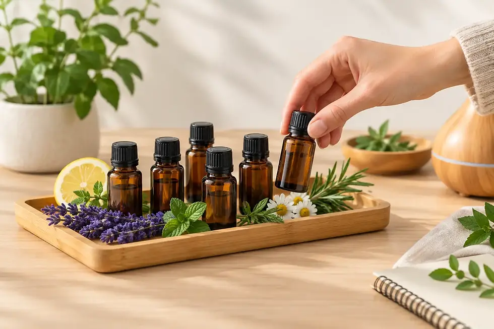 Hand selecting an amber essential oil bottle from a tray surrounded by lavender, mint, rosemary, chamomile, lemon, and a diffuser.