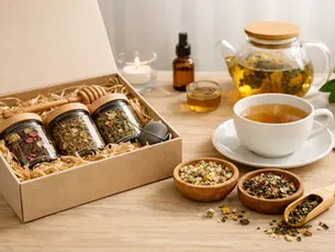 Herbal tea gift set with three glass jars of loose-leaf blends, a tea infuser, wooden scoop, teapot, and cup arranged on a warm wooden table.