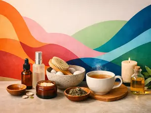 Natural wellness gifts including herbal tea, botanical oils, skincare products, a candle, body brush, and dried herbs arranged against a colorful abstract background.