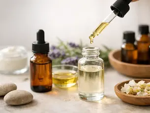 A dropper adds golden essential oil to a clear glass bottle surrounded by amber bottles, dried flowers, and natural skincare ingredients.