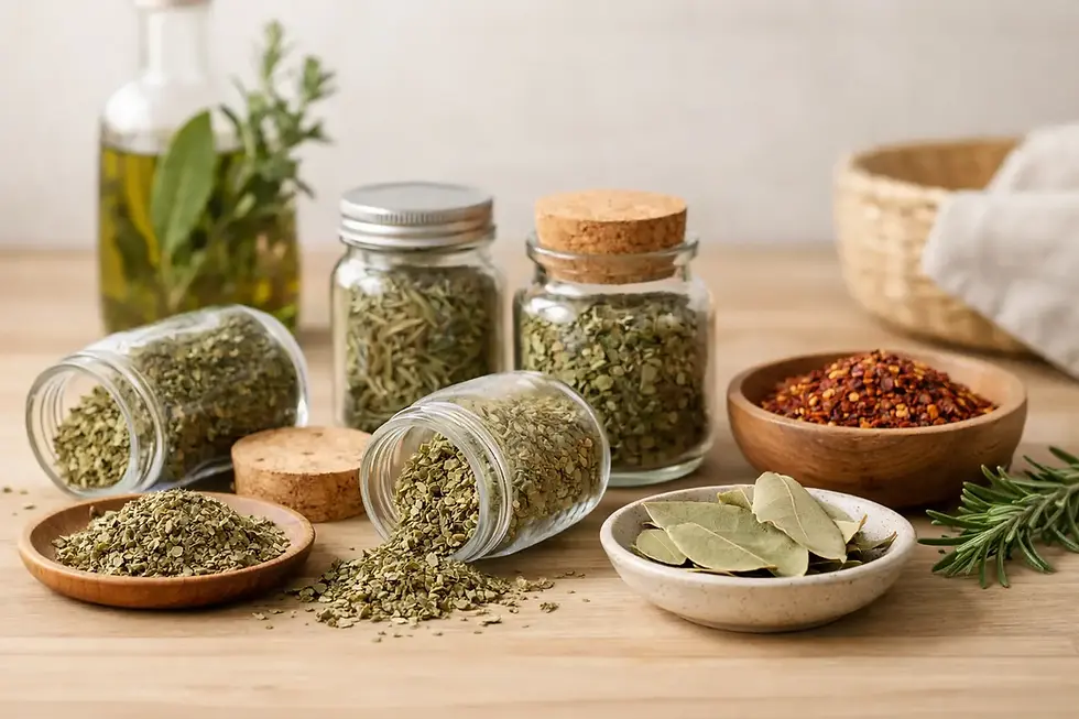 Dried herbs stored in glass jars and bowls, including rosemary, bay leaves, oregano, and red pepper flakes arranged on a wooden kitchen surface.