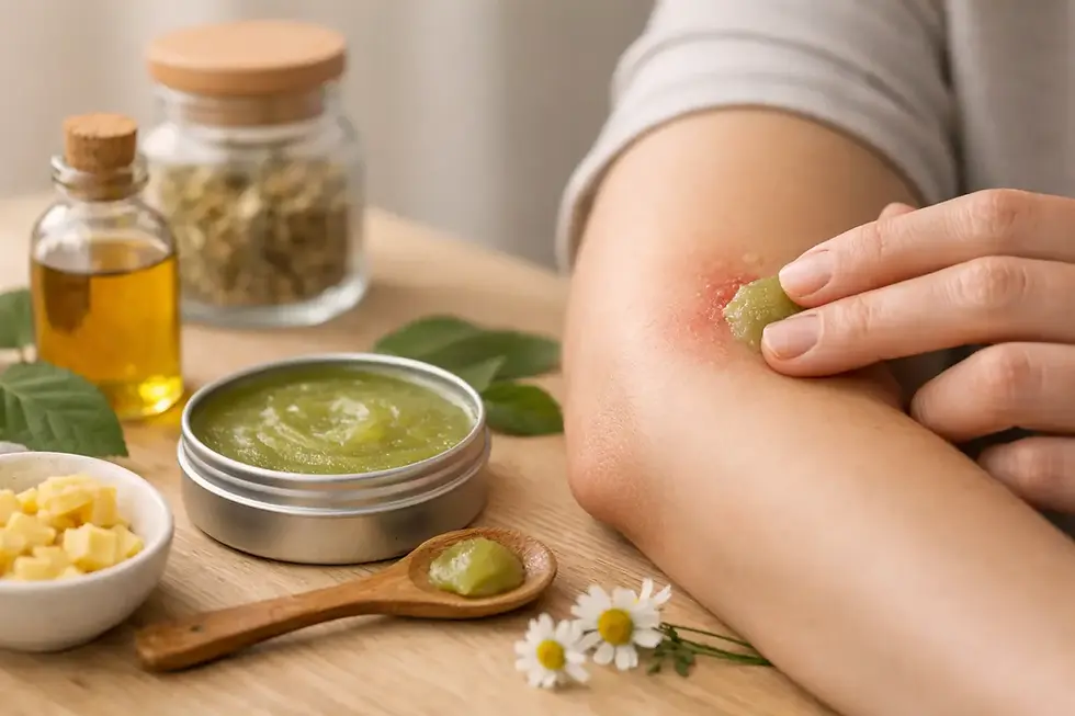 Person applying a green botanical salve to a small red insect bite on the arm, with herbs, oil, and an open balm tin nearby.