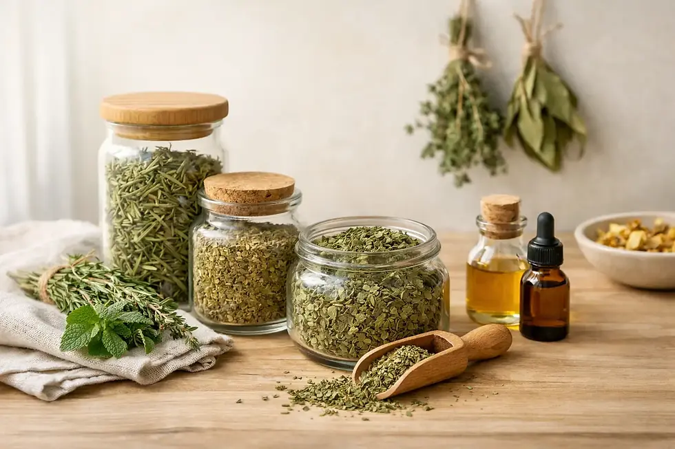 Dried herbs stored in airtight glass jars with wooden lids, alongside a wooden scoop, fresh herbs, and small botanical bottles.
