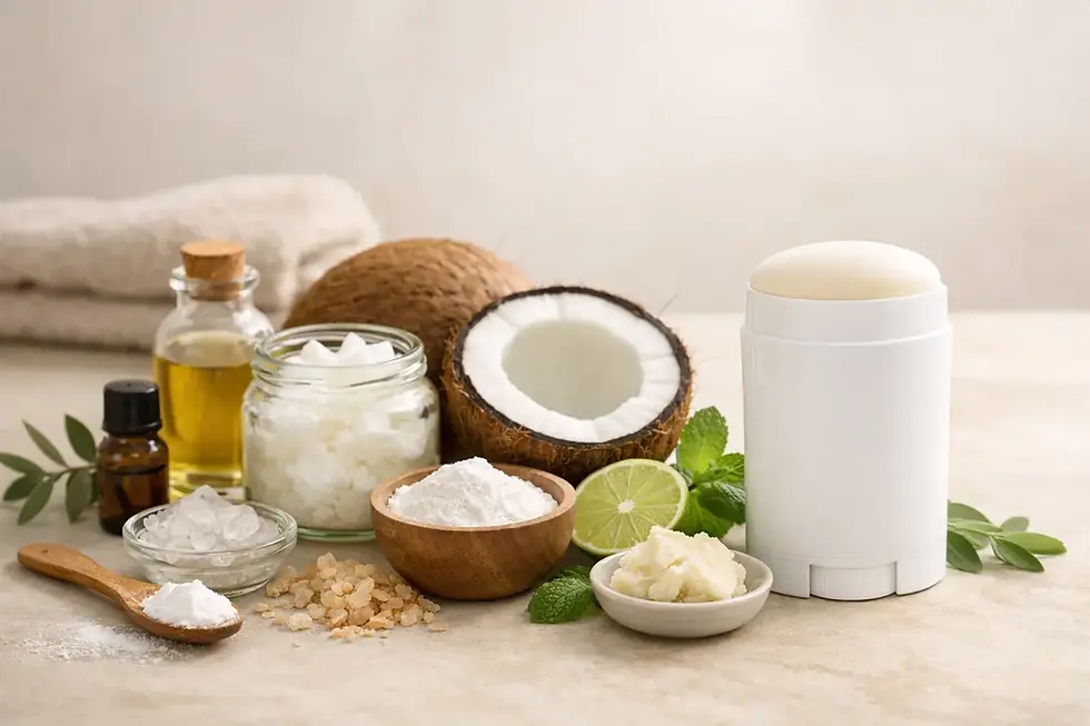 Natural deodorant ingredients including coconut, plant oils, powders, shea butter, mint, lime, and a white deodorant stick arranged on a light surface.