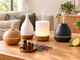Four essential oil diffusers in different styles displayed on a wooden table with amber oil bottles, lavender, rosemary, and lemon in a bright, plant-filled living room.