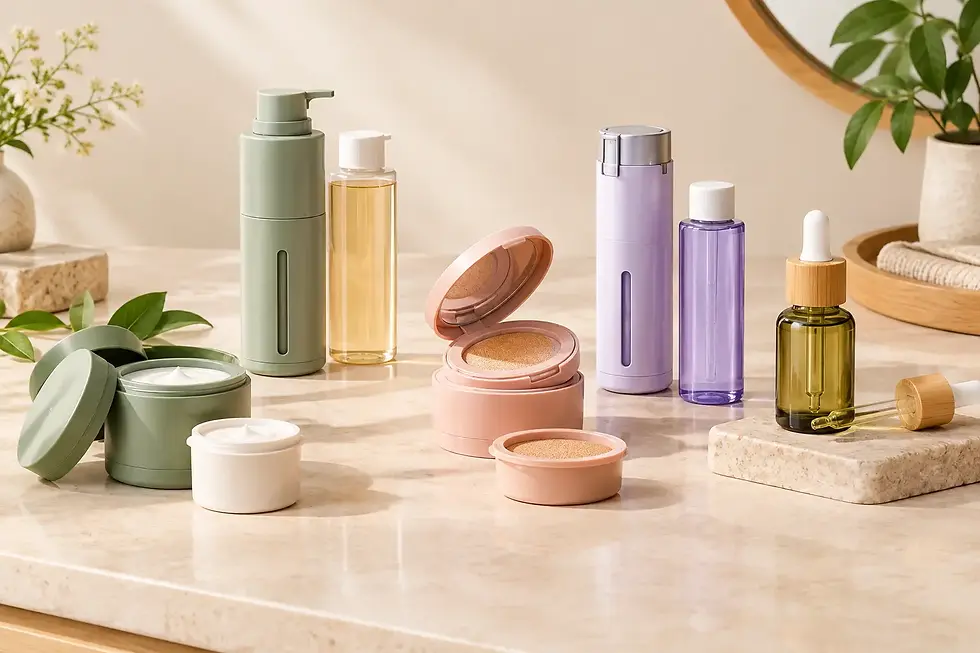Refillable beauty and personal-care products, including pumps, jars, compacts, refill bottles, and a botanical oil, arranged on a light bathroom counter.