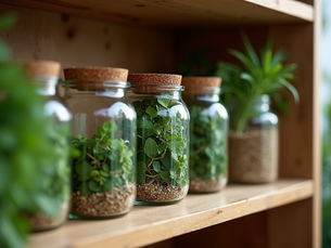 Glass jars filled with dried herbs and botanicals arranged on a wooden shelf, creating a simple, organized herbal pantry.
