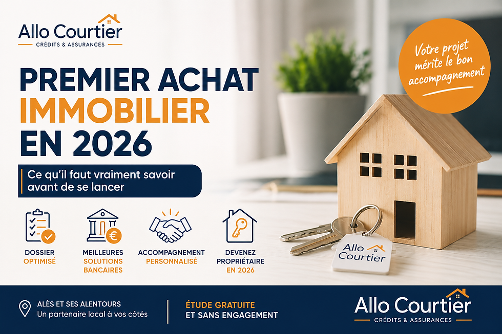 Illustration premier achat immobilier en 2026 avec maison, clés et accompagnement Allo Courtier pour les primo-accédants