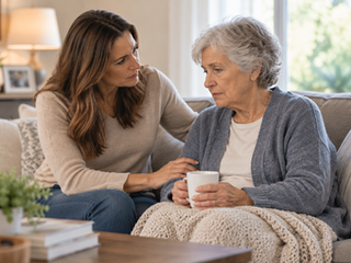 Concerned woman sitting with senior mother