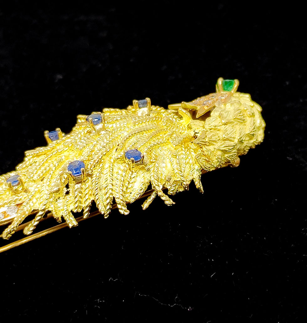Thumbnail: Handmade 18K yellow gold Indian Ringneck Parakeet brooch with diamonds, sapphires, emerald, and coral. Vintage elegance, 1950