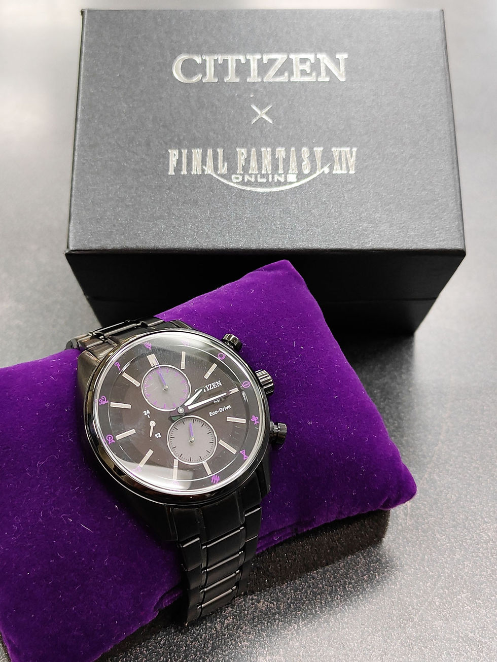 Citizen x Final Fantasy XIV DARKNESS black Eco-Drive chronograph watch with purple dial accents, complete stainless-steel bra