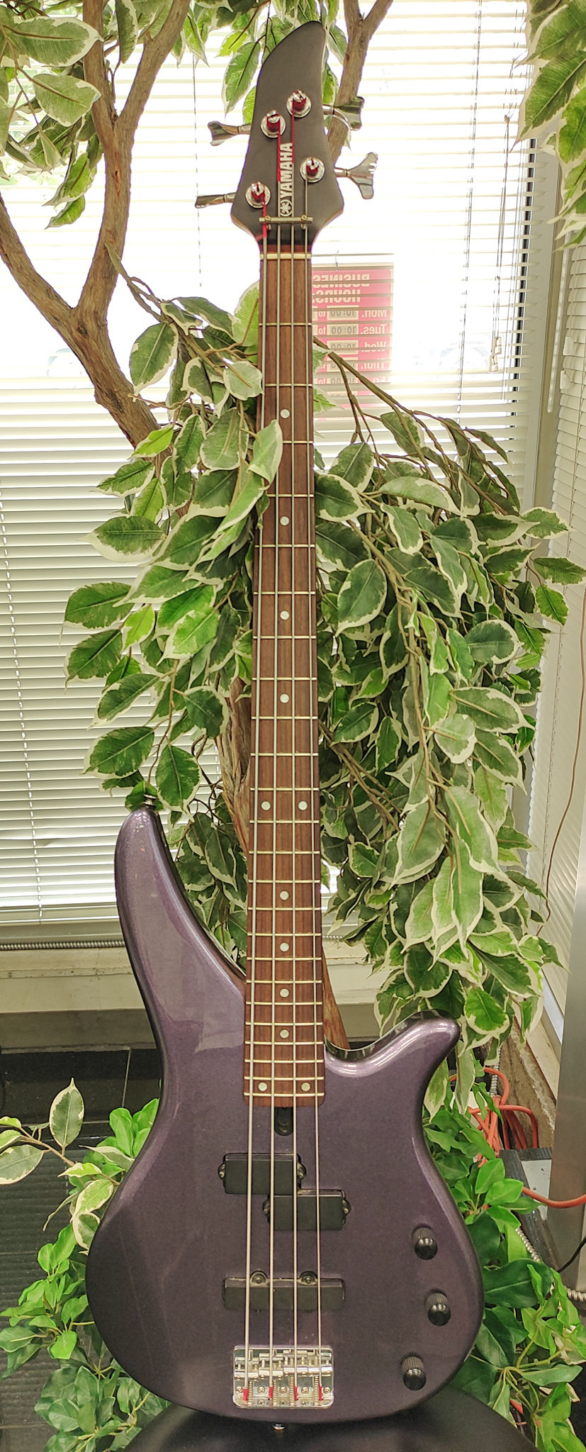Yamaha RBX270 bass guitar in Mist Purple finish, photographed front and back showing PJ pickups and slim neck.