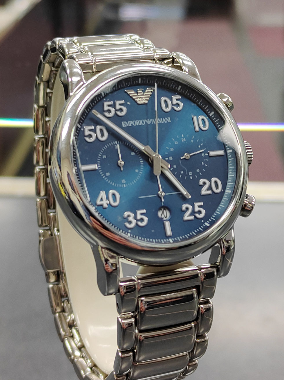 Emporio Armani AR11132 men’s chronograph watch with blue sunray dial, 43mm stainless steel case, and SS bracelet