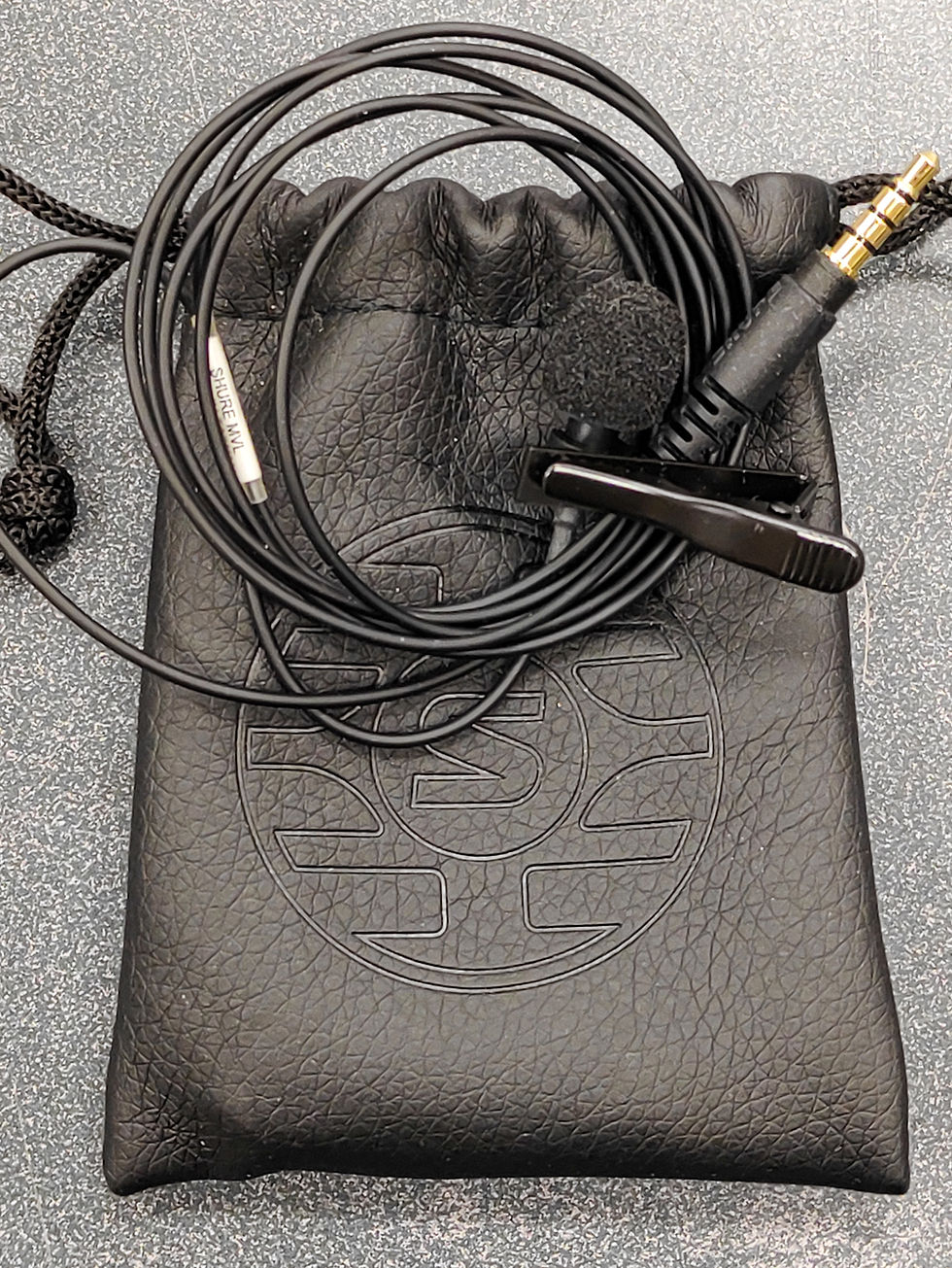 Thumbnail: Shure MVL lavalier mic with foam windscreen, TRRS plug, clip, coiled cable and Shure drawstring pouch