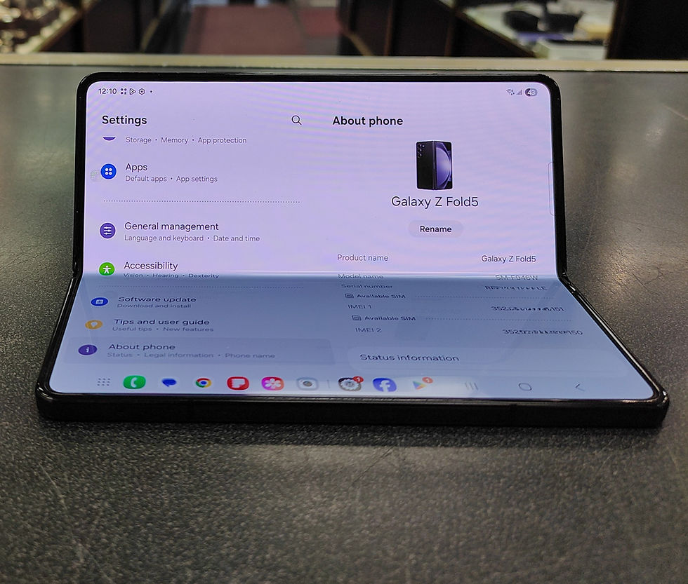 Thumbnail: Samsung Galaxy Z Fold5 256GB Phantom Black foldable smartphone shown open, folded, and from the rear with triple camera syste