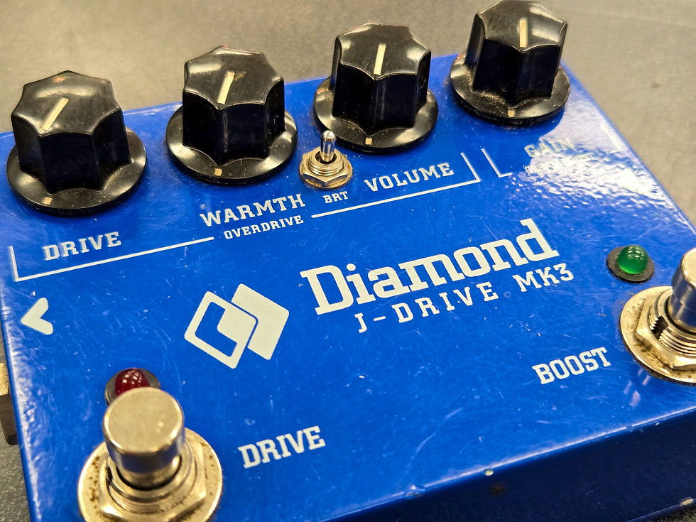 Thumbnail: Blue Diamond J-Drive Mk3 pedal showing Drive/Warmth/Volume/Boost Gain controls, BRT toggle, dual footswitches
