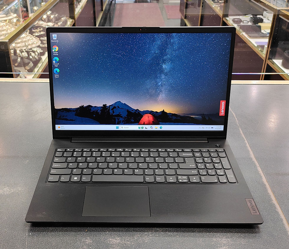 Thumbnail: Lenovo V15 G4 ABP 15.6-inch black laptop with original Lenovo 65W charger, shown powered on with Windows 11 Pro