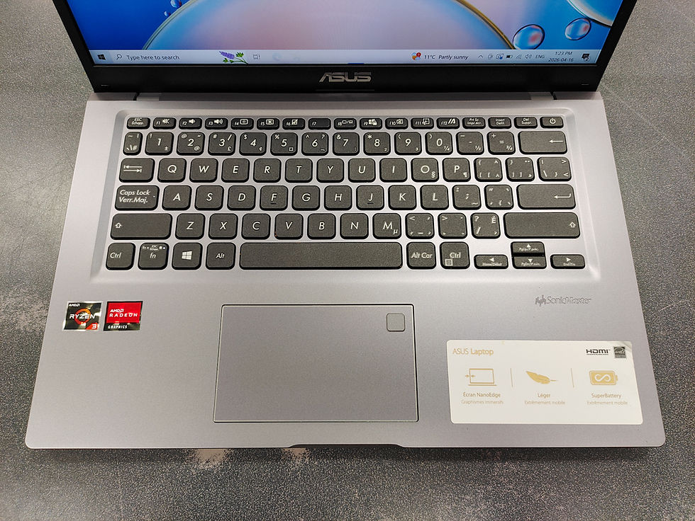 Thumbnail: ASUS VivoBook M415DA / X415DAP 14-inch laptop in gray with Ryzen 3 sticker, Windows 10 screen on, and original ASUS charger