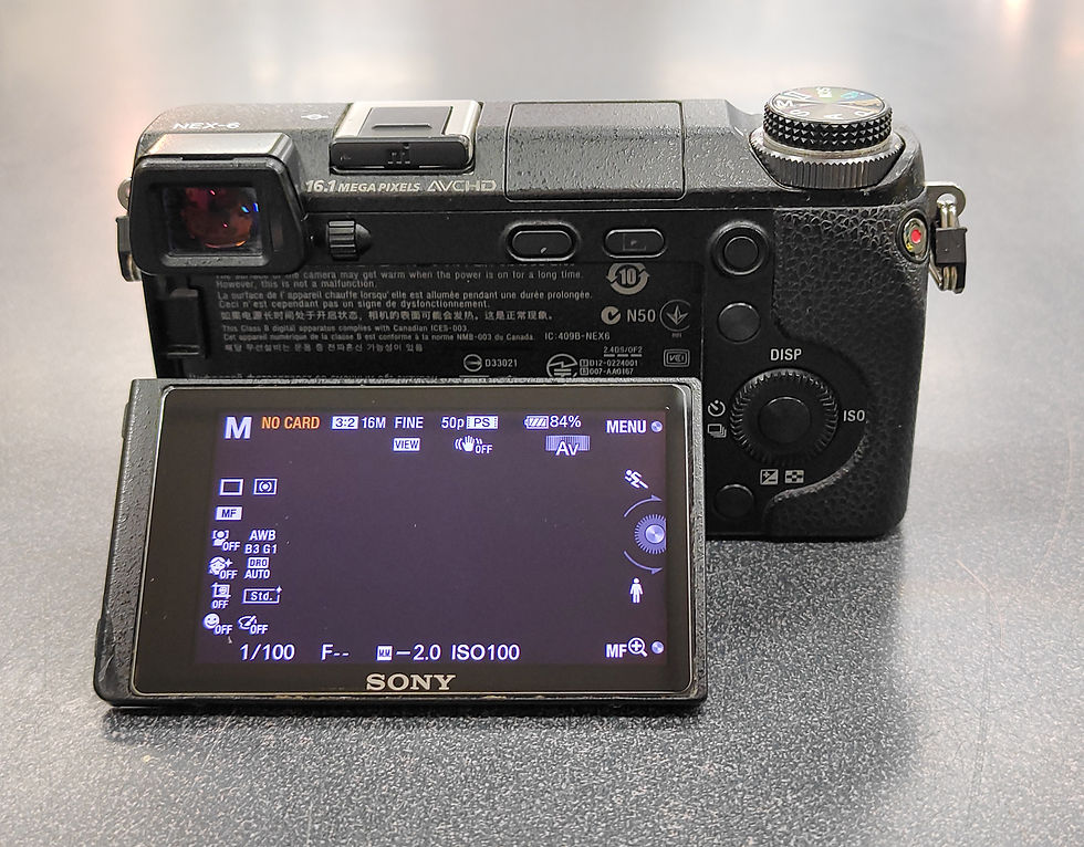 Thumbnail: Sony Alpha NEX-6 APS-C mirrorless camera body in black with body cap, tilting screen, pop-up flash, batteries, and charger