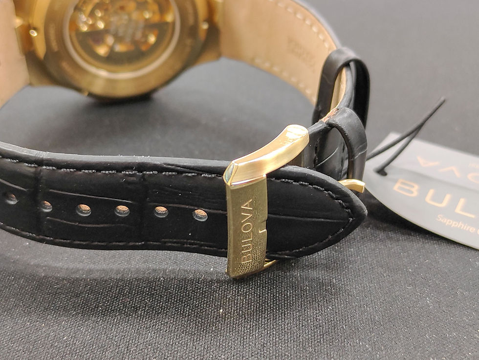 Thumbnail: Brand new Bulova Maquina 97A206 gold-tone automatic skeleton watch with black leather strap and original box
