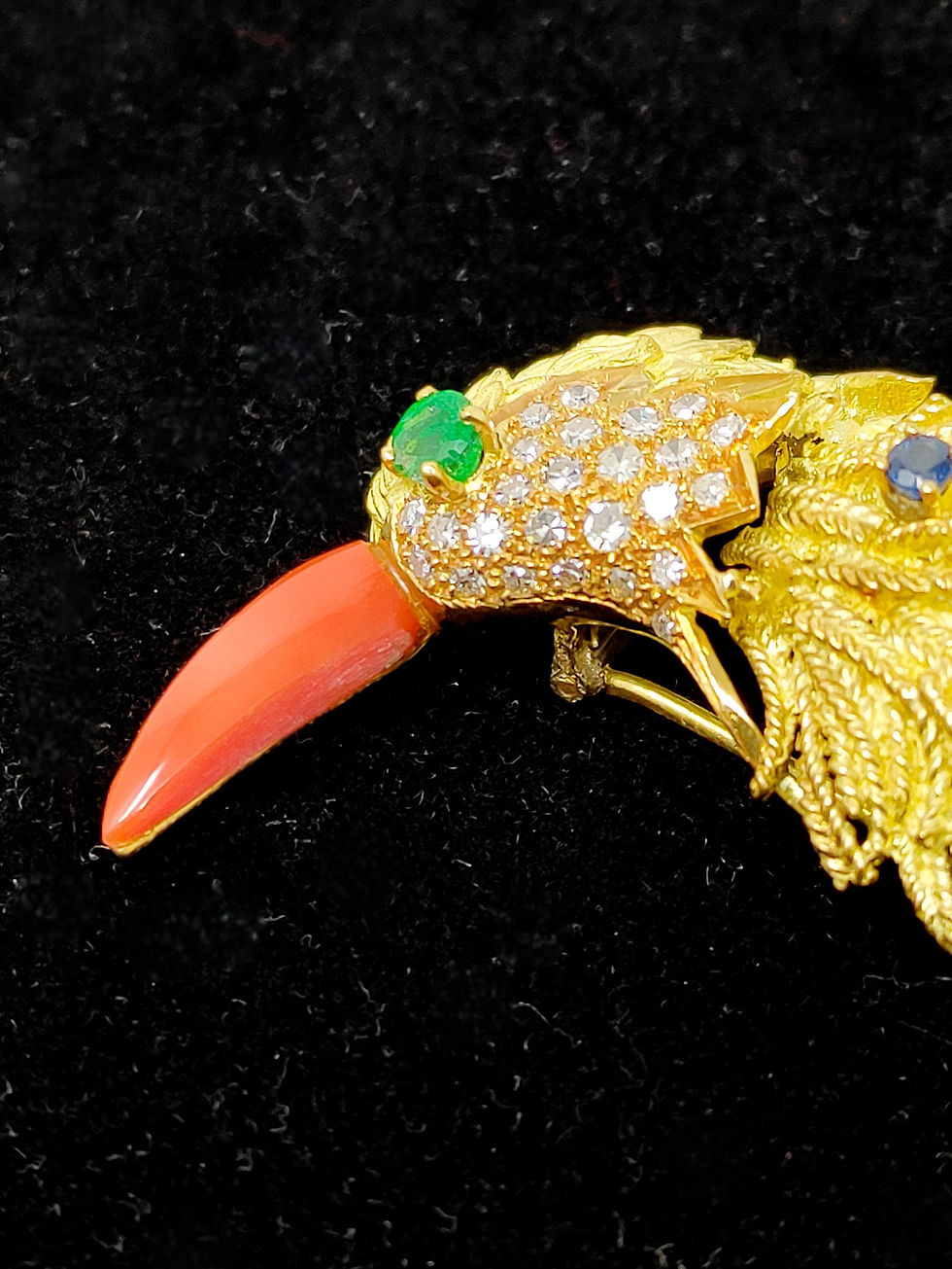 Thumbnail: Handmade 18K yellow gold Indian Ringneck Parakeet brooch with diamonds, sapphires, emerald, and coral. Vintage elegance, 1950