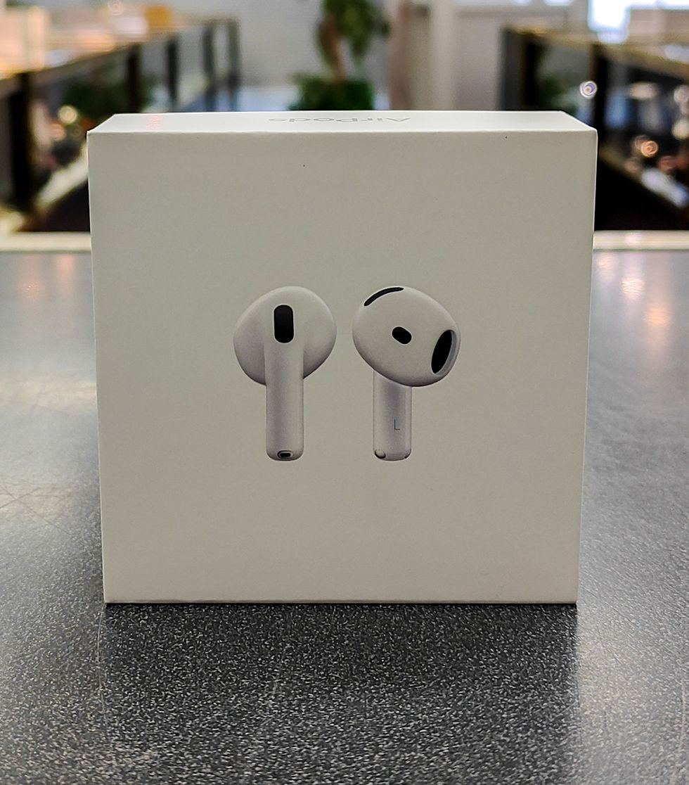 Apple AirPods 4 retail box showing front, back, side labels, model number MXP63AM/A, price sticker and original Apple receipt
