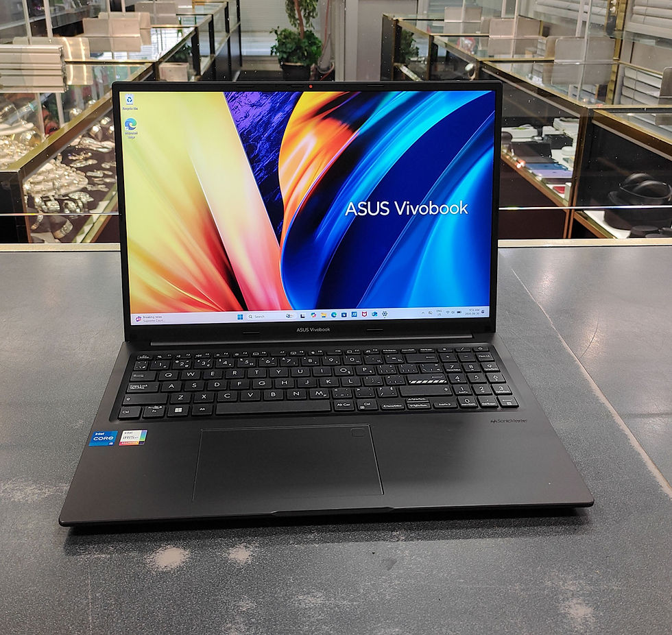 ASUS Vivobook 16 X1605VA laptop shown from multiple angles with Windows 11 running, keyboard, ports, battery report, charger