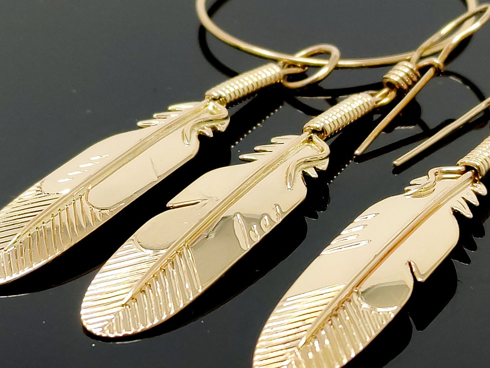 A 14K gold feather jewelry set featuring a pair of earrings and a pendant, with intricate carvings.