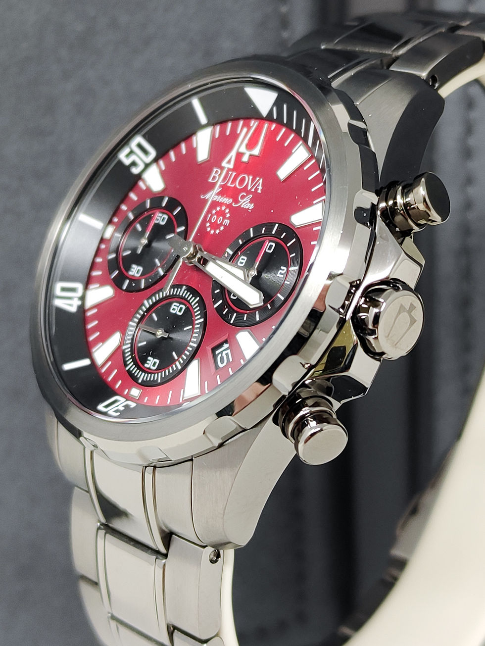 Thumbnail: Bulova Marine Star 43mm Chronograph Men's Watch with striking red dial, showcasing its elegant design and advanced features