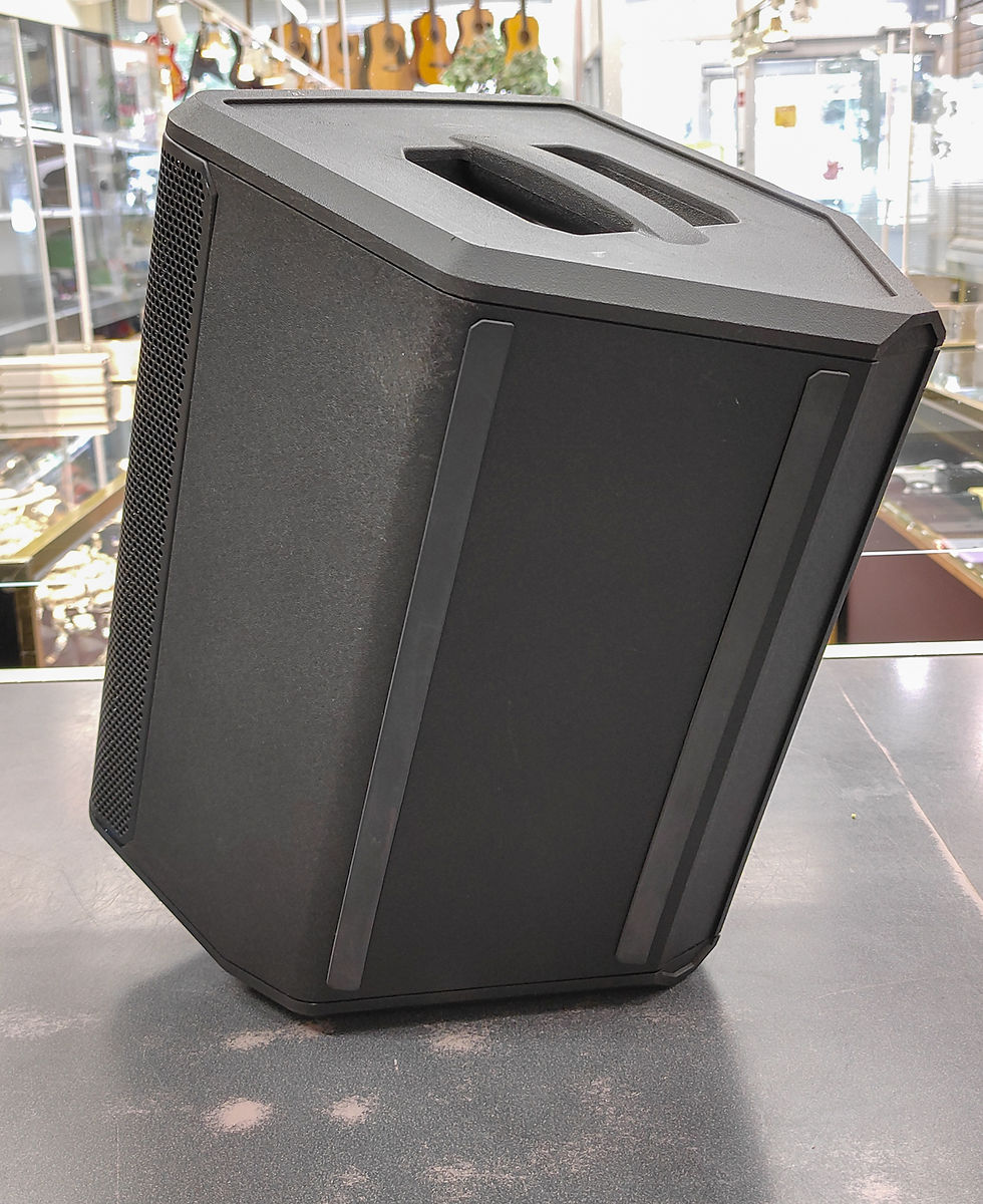 Thumbnail: Yorkville EXM Mobile 8 portable powered PA speaker shown powered on with rear controls, Bluetooth, battery indicator