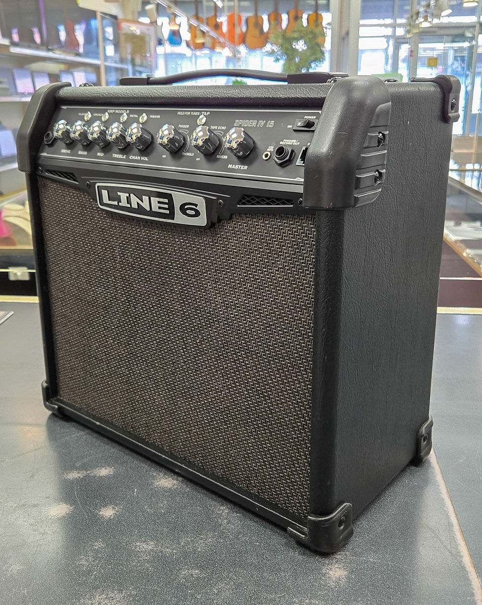 Thumbnail: Line 6 Spider IV 15 (15W 1x8) modeling guitar amp shown from multiple angles with close-ups of the controls, rear labels