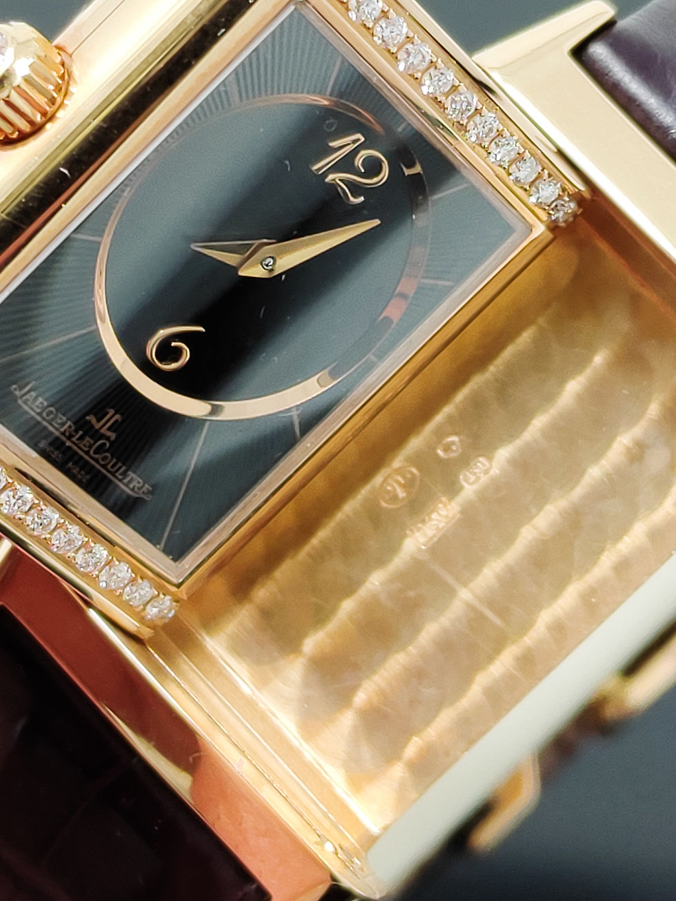 Thumbnail: Jaeger‑LeCoultre Reverso Duetto Classique 18k pink gold manual‑wind watch with dual black and silver dials, diamond‑set bezel