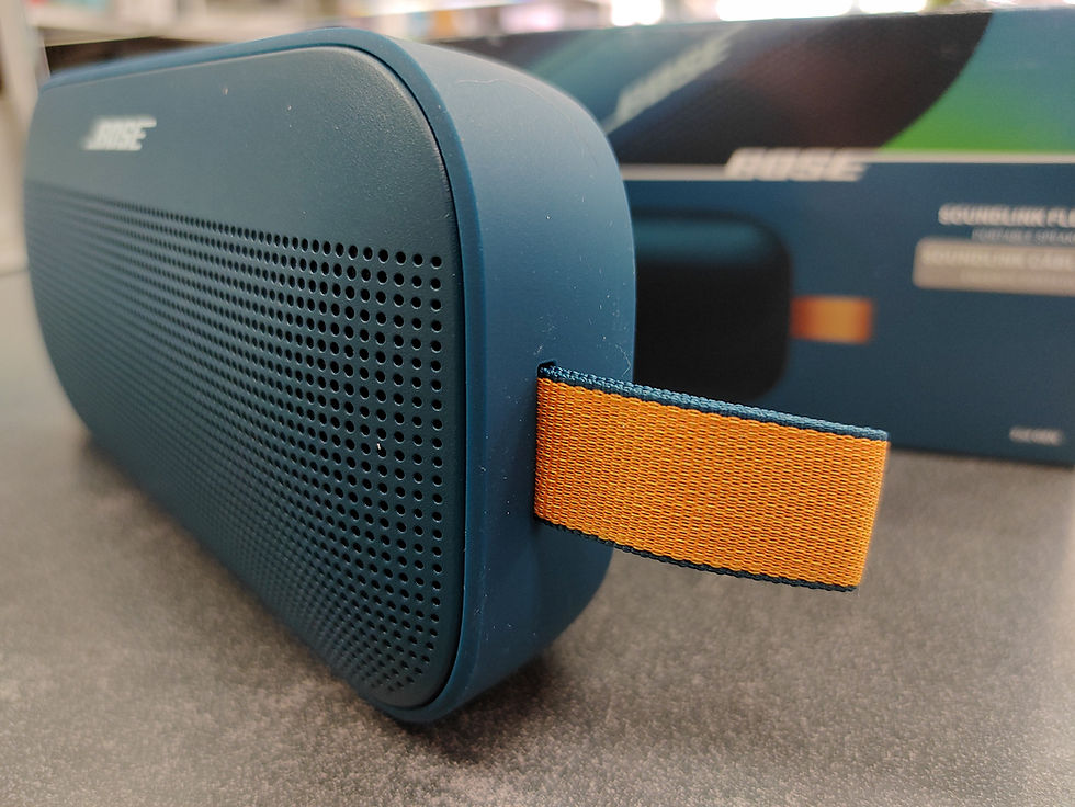 Thumbnail: Blue Bose SoundLink Flex 2nd Gen portable Bluetooth speaker with orange carry loop, original box, packaging, and USB-C cable