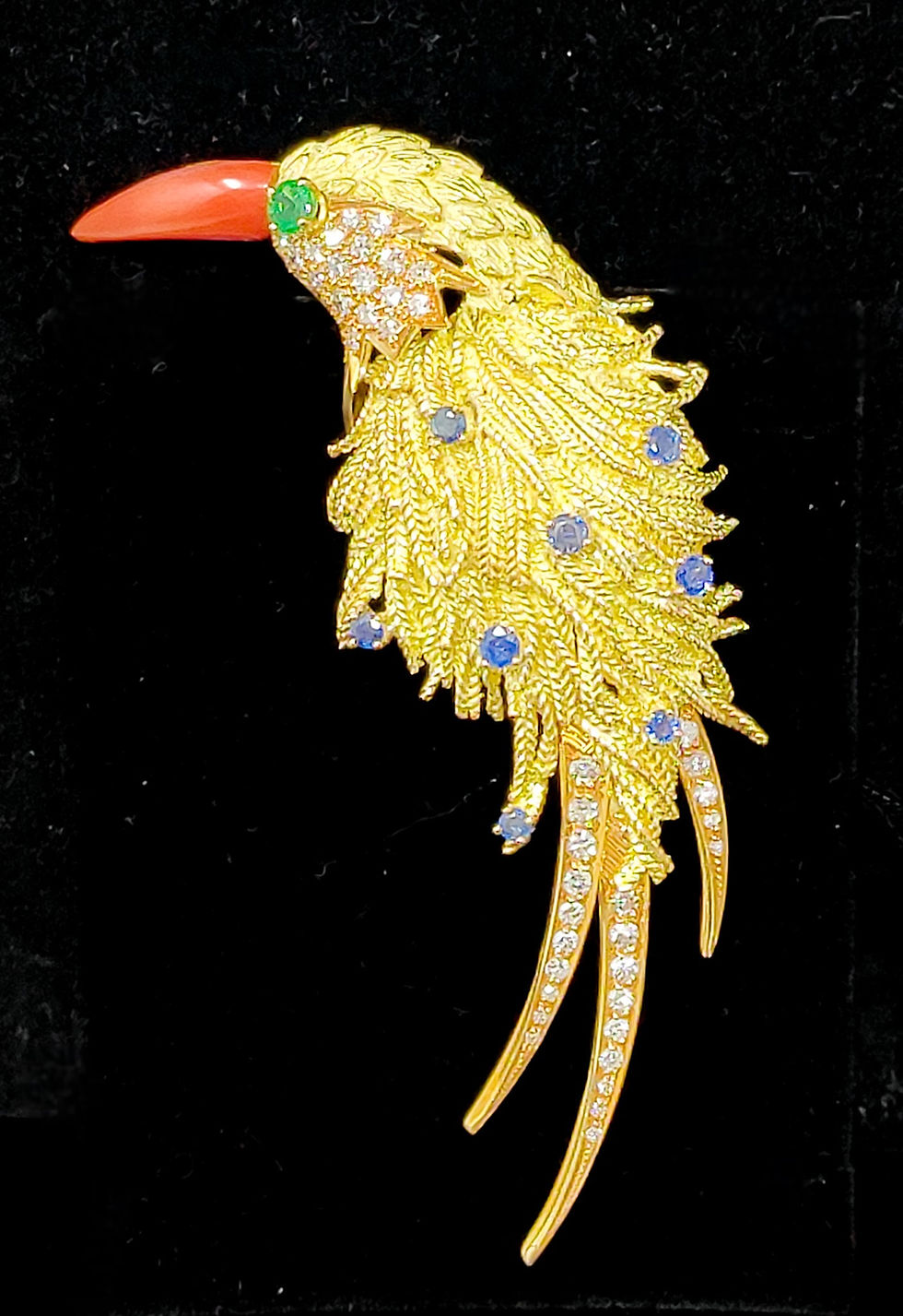 Thumbnail: Handmade 18K yellow gold Indian Ringneck Parakeet brooch with diamonds, sapphires, emerald, and coral. Vintage elegance, 1950