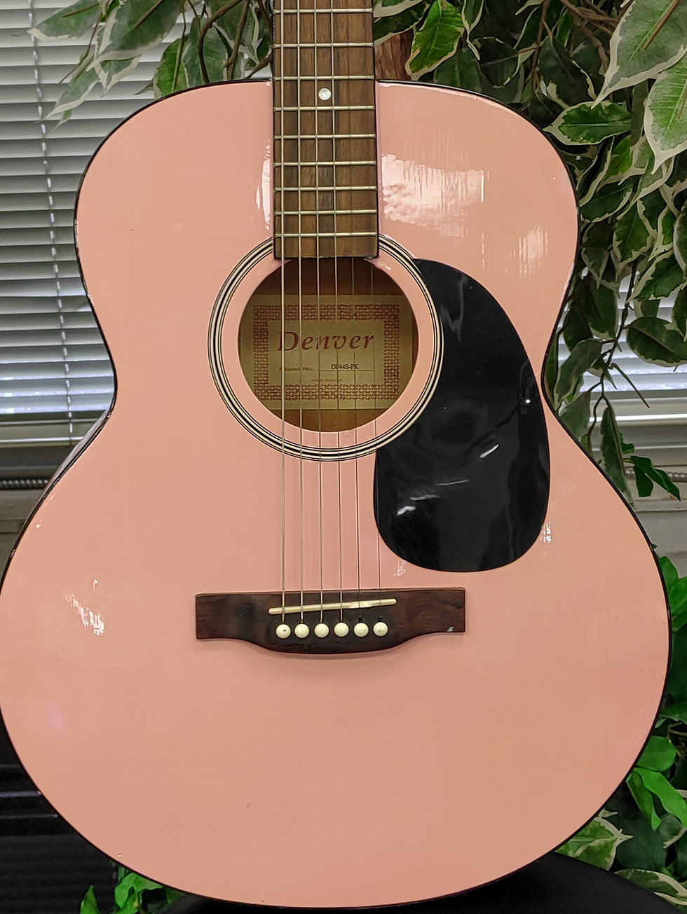 Denver DF44S-PK full-size folk acoustic guitar on stand; natural gloss body with faint edge scuffs and light surface scratche