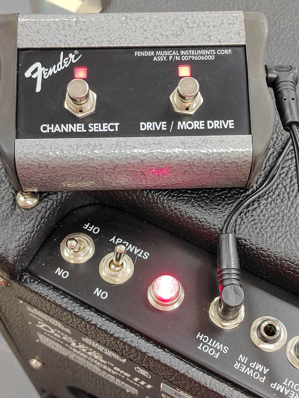 Thumbnail: Fender Hot Rod DeVille 212 III 2x12 tube combo amp with footswitch, shown from front, back, control panel, speakers, tubes