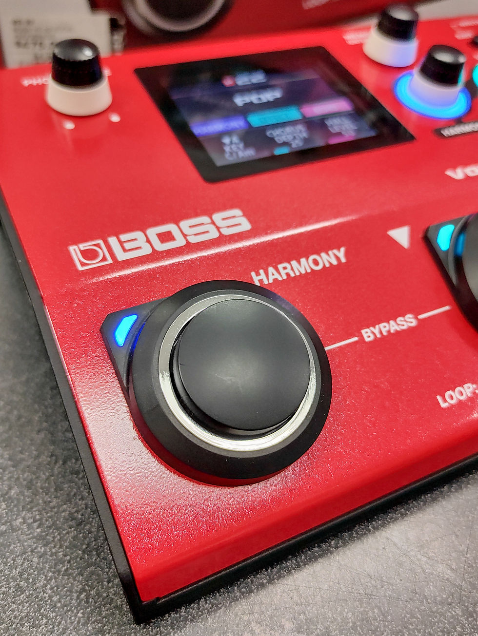 Thumbnail: BOSS VE-22 Vocal Performer red vocal effects processor pedal shown powered on with colour display