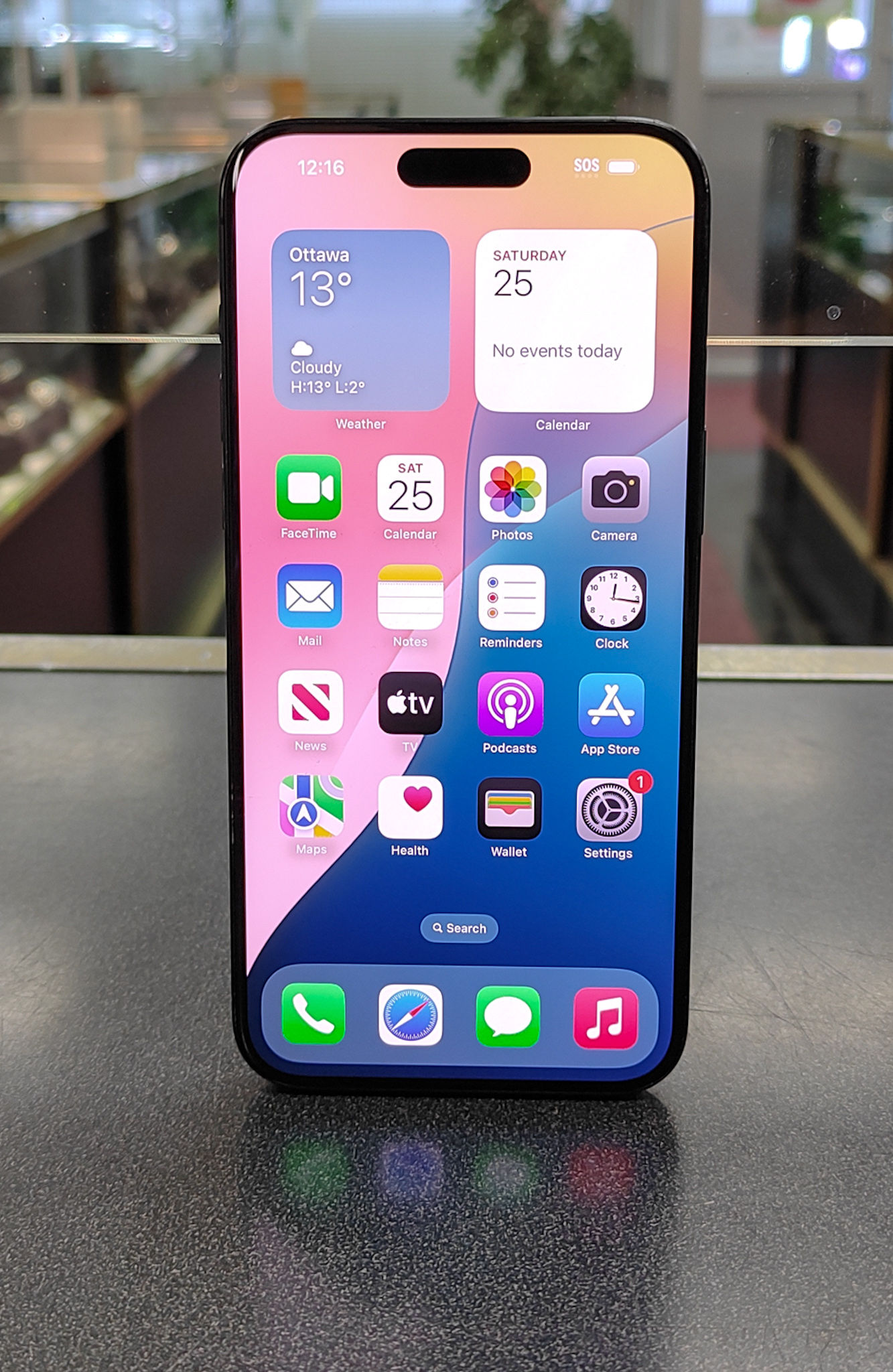 Apple iPhone 15 Pro Max 256GB Blue Titanium showing home screen, settings, battery health, clear camera lenses, screen scratc