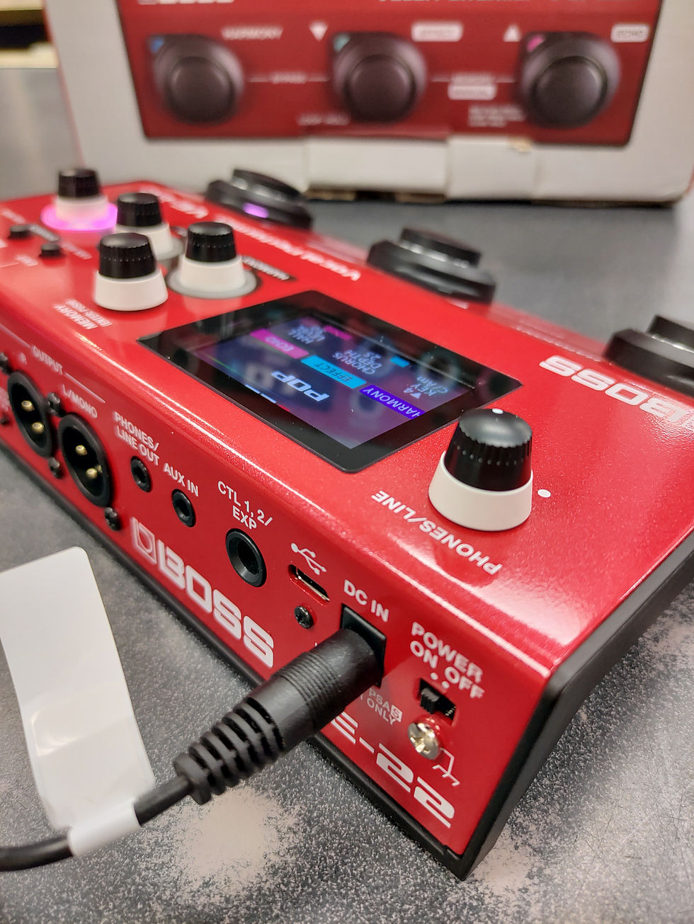 Thumbnail: BOSS VE-22 Vocal Performer red vocal effects processor pedal shown powered on with colour display