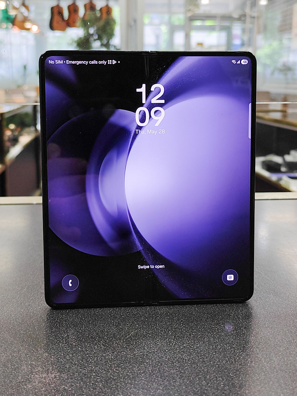 Samsung Galaxy Z Fold5 256GB Phantom Black foldable smartphone shown open, folded, and from the rear with triple camera syste