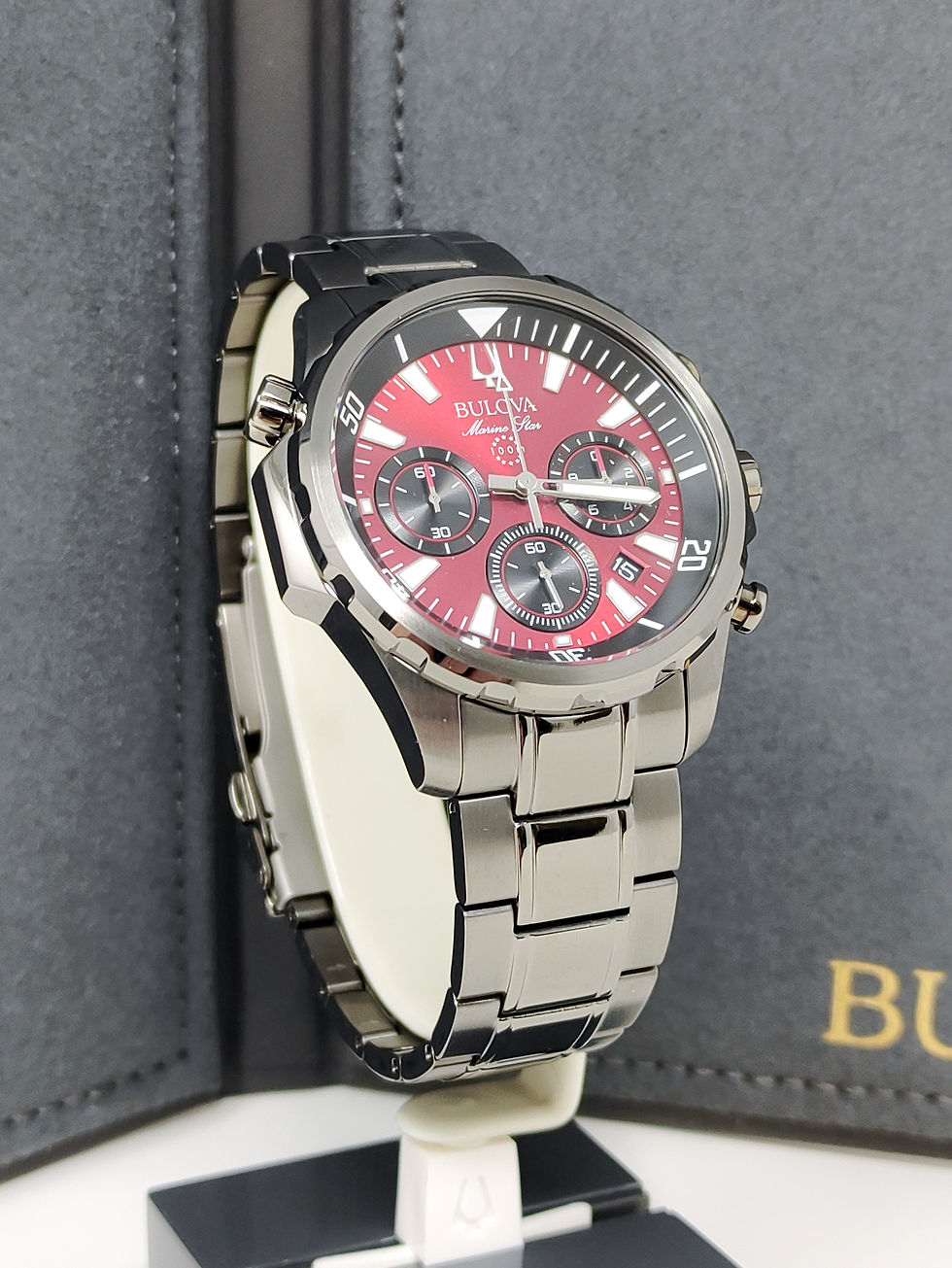 Bulova Marine Star 43mm Chronograph Men's Watch with striking red dial, showcasing its elegant design and advanced features
