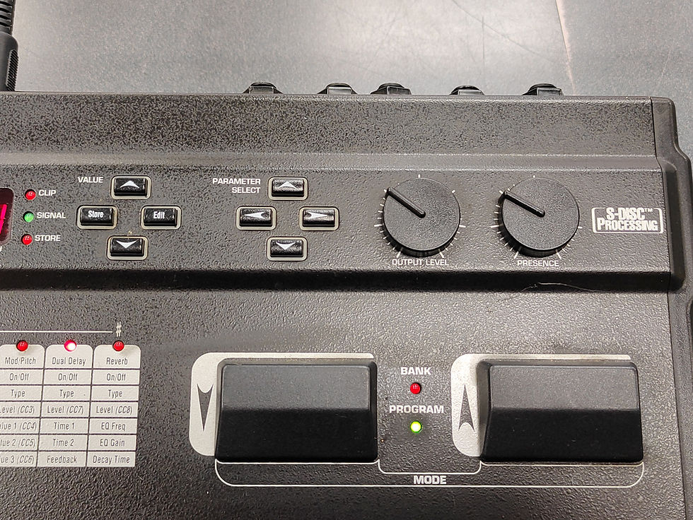 Thumbnail: Digitech RP5 multi-effects processor in great condition, shown with power adapter, black metal housing, and four footswitches