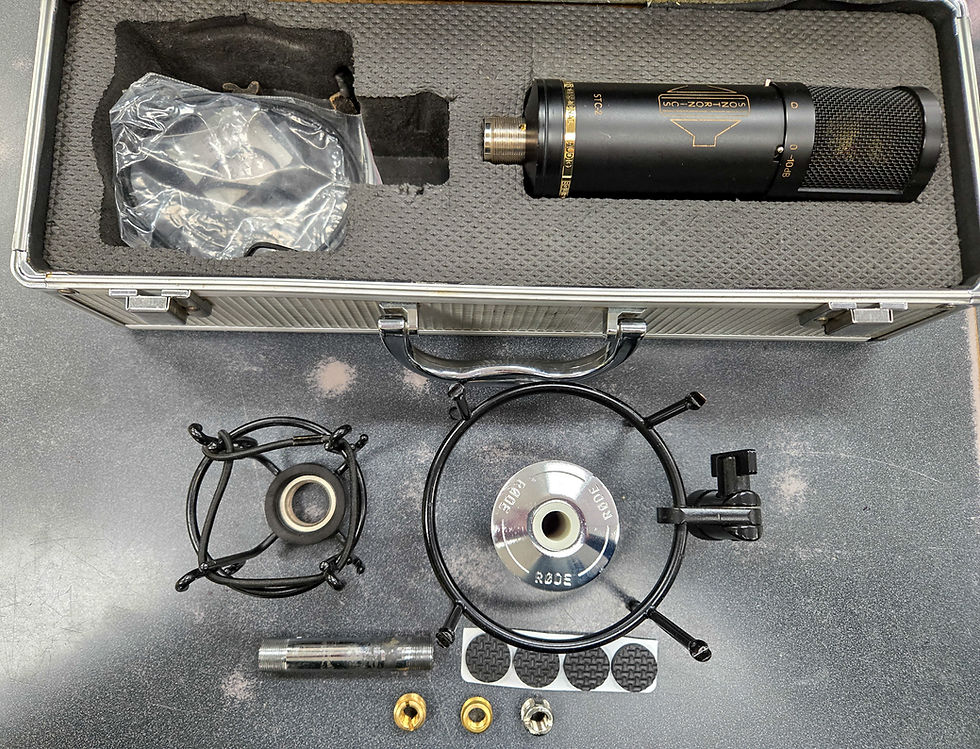 Thumbnail: Sontronics STC-2 microphone accessory kit on counter with RØDE ring mount, spider shock mount, thread adapters